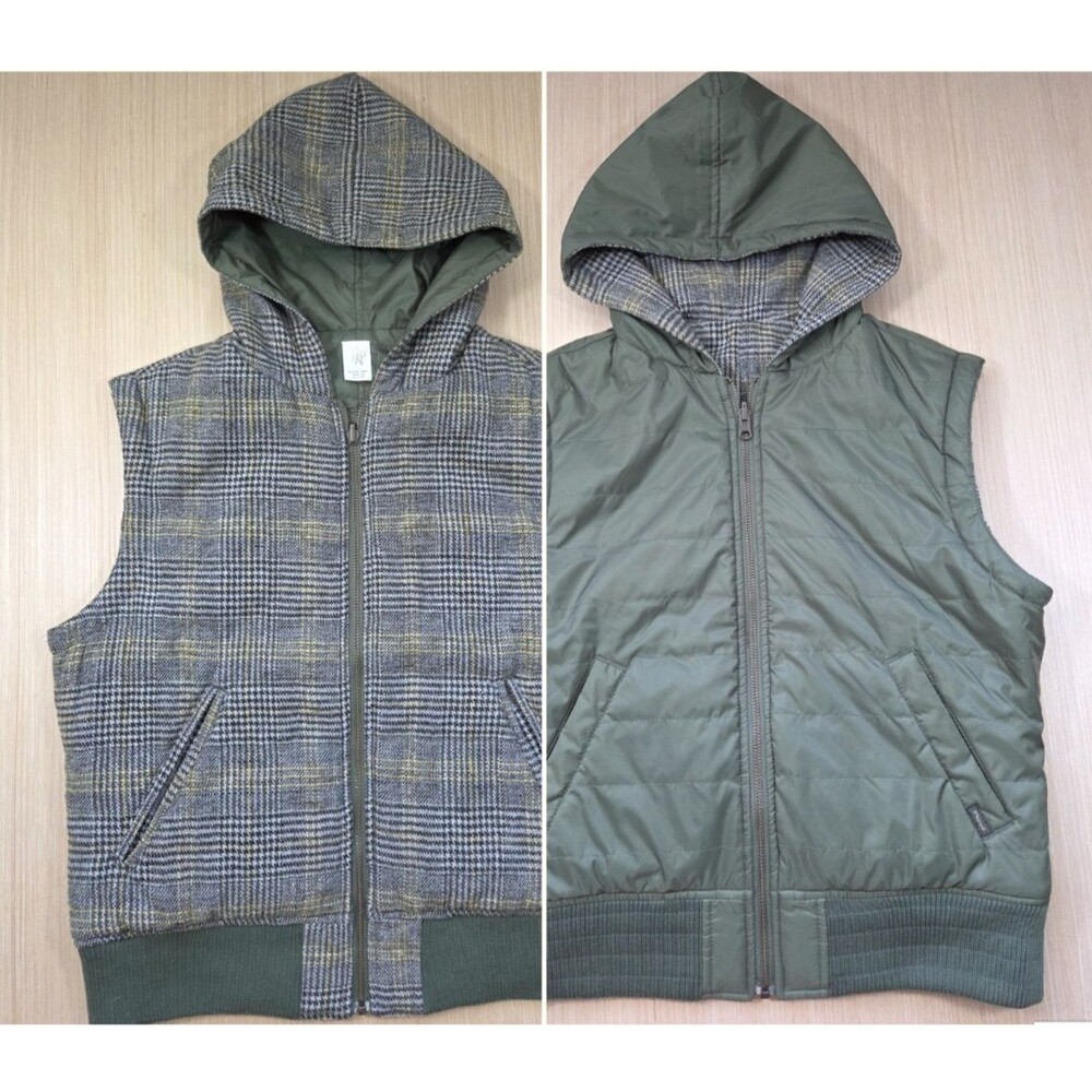 prAna Women's Large Breathe Full Zip Hooded Reversible Puffer Vest Green Plaid